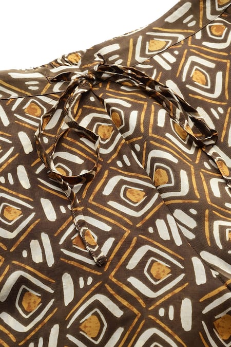 Buy_Ritu Kumar_Mustard Viscose, Crepe Tesha Tribal Print Asymmetric Kaftan Top And Pant Set 