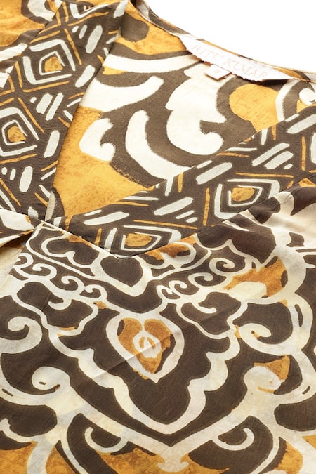 Shop_Ritu Kumar_Mustard Viscose, Crepe Tesha Tribal Print Asymmetric Kaftan Top And Pant Set 
