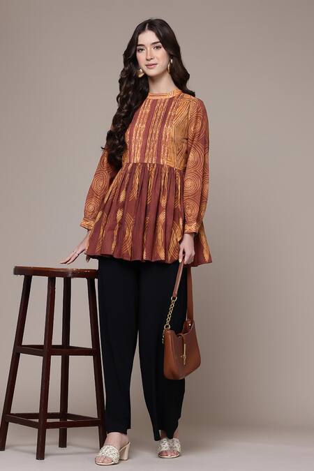 Ritu Kumar_Rust Cotton Mandarin Collar, Keyhole Neck Tie Dye A-line Kurta _Online_at_Aza_Fashions