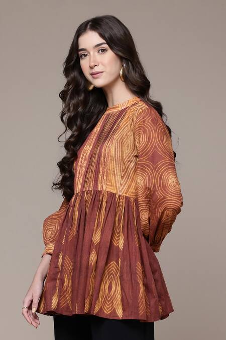 Buy_Ritu Kumar_Rust Cotton Mandarin Collar, Keyhole Neck Tie Dye A-line Kurta _Online_at_Aza_Fashions