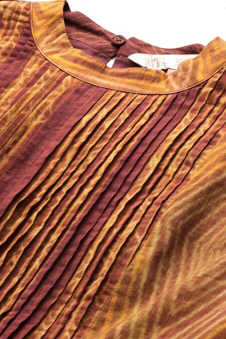 Shop_Ritu Kumar_Rust Cotton Mandarin Collar, Keyhole Neck Tie Dye A-line Kurta _Online_at_Aza_Fashions
