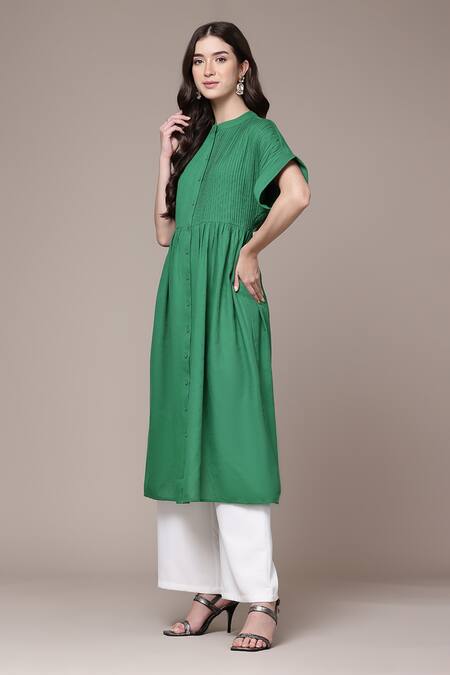 Buy Ritu Kumar Green Cotton Mandarin Collar Vasuki Pleated A-line Calf Length Kurta Online at Aza Fashions Buy_Ritu Kumar_Green Cotton Mandarin Collar Vasuki Pleated A-line Calf Length Kurta _Online_at_Aza_Fashions