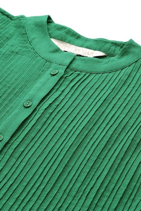 Shop Ritu Kumar Green Cotton Mandarin Collar Vasuki Pleated A-line Calf Length Kurta Online at Aza Fashions Shop_Ritu Kumar_Green Cotton Mandarin Collar Vasuki Pleated A-line Calf Length Kurta _Online_at_Aza_Fashions