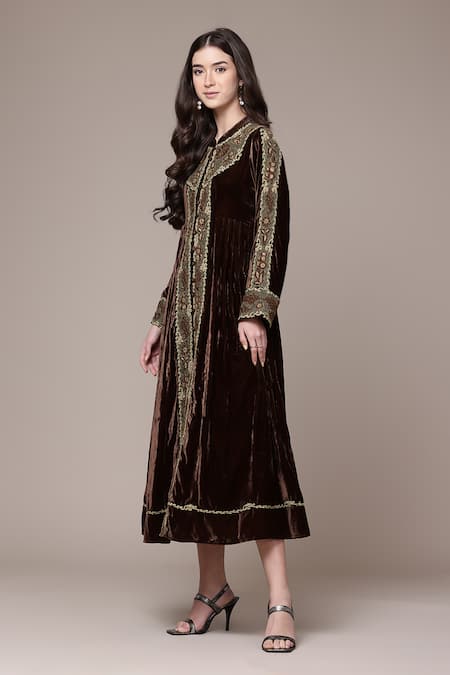 Ritu Kumar_Brown Velvet, Silk Beads, Embroidery Mandarin Collar Vernia A-line Dress _Online_at_Aza_Fashions
