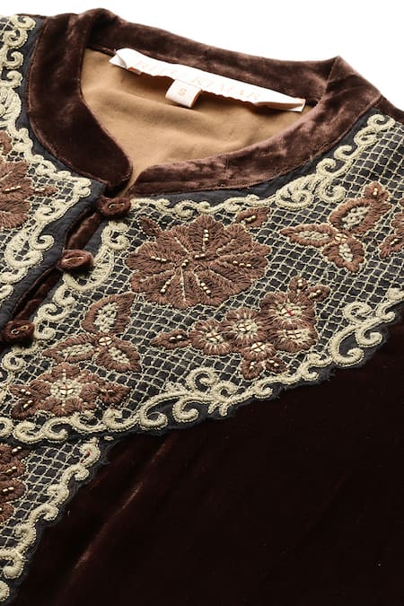 Buy_Ritu Kumar_Brown Velvet, Silk Beads, Embroidery Mandarin Collar Vernia A-line Dress _Online_at_Aza_Fashions