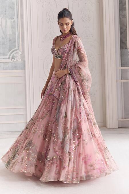 Mahima Mahajan_Pink Silk Organza Embroidery, Sequins, Mirrors Sara Floral Print And Lehenga Set _Online_at_Aza_Fashions