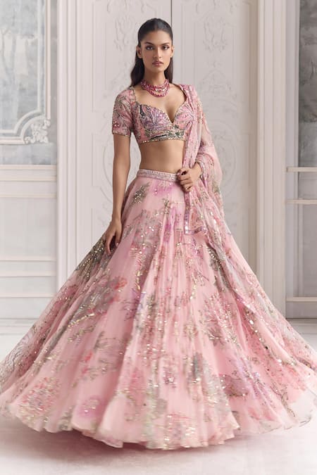 Shop_Mahima Mahajan_Pink Silk Organza Embroidery, Sequins, Mirrors Sara Floral Print And Lehenga Set _Online_at_Aza_Fashions