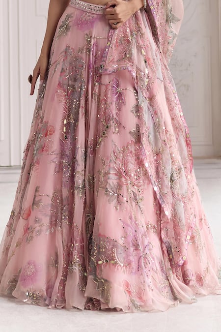 Mahima Mahajan_Pink Silk Organza Embroidery, Sequins, Mirrors Sara Floral Print And Lehenga Set _at_Aza_Fashions