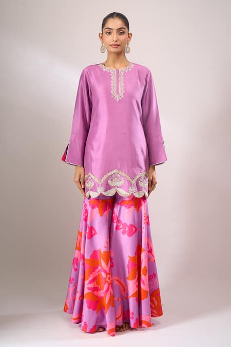 Archana Shah_Purple Embroidery, Zari Round Neck, Split Kurta Sharara Set _Online_at_Aza_Fashions