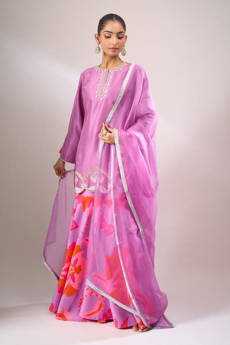 Buy_Archana Shah_Purple Embroidery, Zari Round Neck, Split Kurta Sharara Set _Online_at_Aza_Fashions