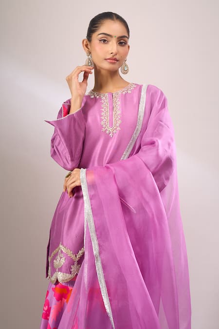 Shop_Archana Shah_Purple Embroidery, Zari Round Neck, Split Kurta Sharara Set _Online_at_Aza_Fashions