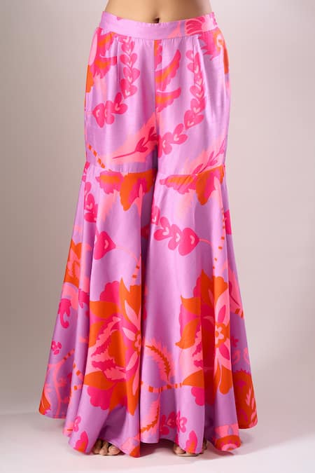 Archana Shah_Purple Embroidery, Zari Round Neck, Split Kurta Sharara Set _at_Aza_Fashions