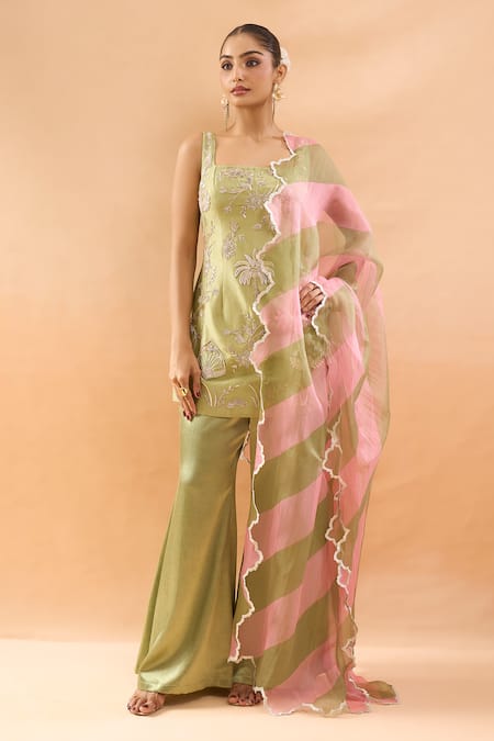 Archana Shah_Green Embroidery, Zari Square Neck Butta Kurta Palazzo Set _Online_at_Aza_Fashions