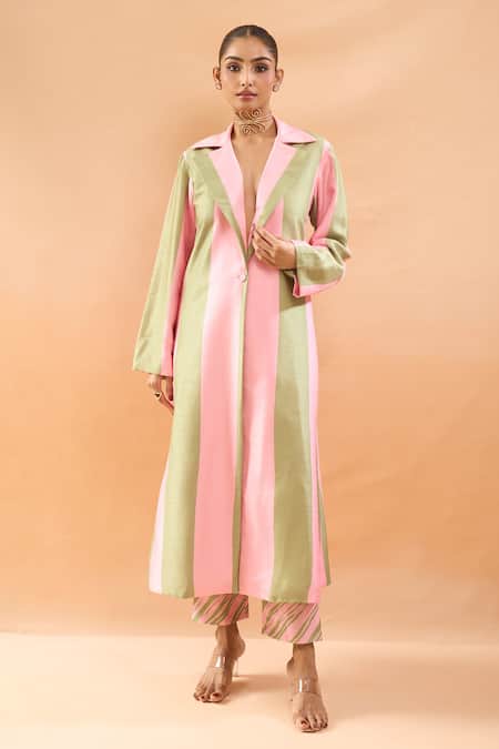 Archana Shah_Pink Colorblock Coat With Pant _Online_at_Aza_Fashions