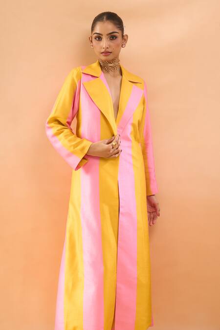 Shop_Archana Shah_Yellow Colorblock Coat With Pant _Online_at_Aza_Fashions