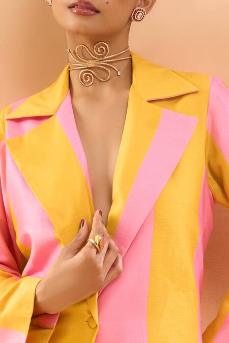 Archana Shah_Yellow Colorblock Coat With Pant _at_Aza_Fashions