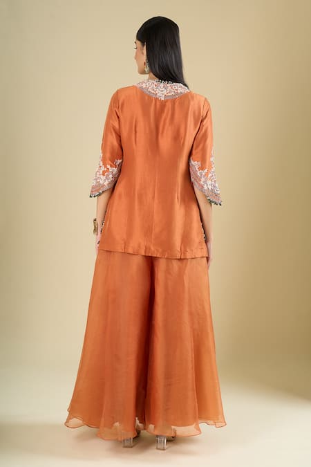 Prisho Dark Flamingo Embroidered Kurta Palazzo Set 