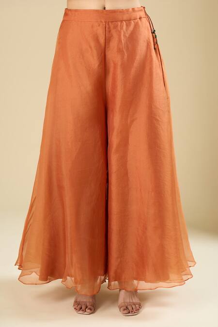 Buy_Prisho_Orange Organza Embroidery, Sequins, Beads Round Dark Flamingo Kurta Palazzo Set _Online_at_Aza_Fashions