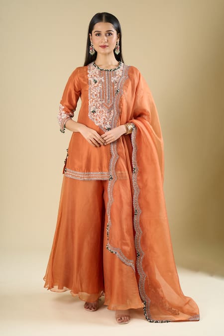 Prisho Dark Flamingo Embroidered Kurta Palazzo Set 