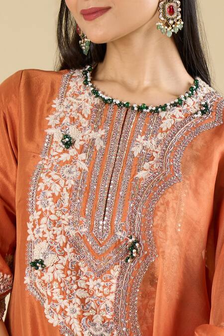 Shop_Prisho_Orange Organza Embroidery, Sequins, Beads Round Dark Flamingo Kurta Palazzo Set _Online_at_Aza_Fashions