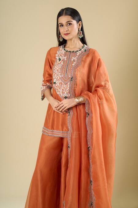 Prisho_Orange Organza Embroidery, Sequins, Beads Round Dark Flamingo Kurta Palazzo Set _at_Aza_Fashions