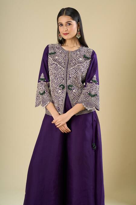 Prisho Purple Embroidery, Beads, Sequins, Tassels Round Neck Jacket With Palazzo Online at Aza Fashions Prisho_Purple Embroidery, Beads, Sequins, Tassels Round Neck Jacket With Palazzo _Online_at_Aza_Fashions