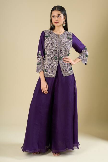Buy Prisho Purple Embroidery, Beads, Sequins, Tassels Round Neck Jacket With Palazzo Online at Aza Fashions Buy_Prisho_Purple Embroidery, Beads, Sequins, Tassels Round Neck Jacket With Palazzo _Online_at_Aza_Fashions