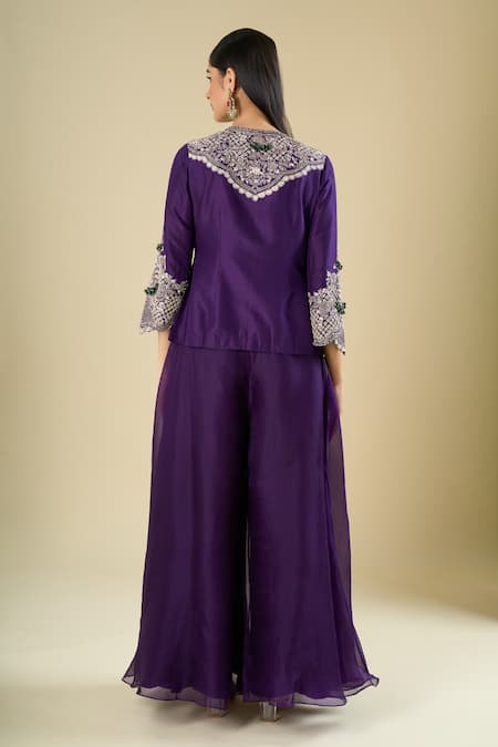 Shop Prisho Purple Embroidery, Beads, Sequins, Tassels Round Neck Jacket With Palazzo at Aza Fashions Shop_Prisho_Purple Embroidery, Beads, Sequins, Tassels Round Neck Jacket With Palazzo _at_Aza_Fashions