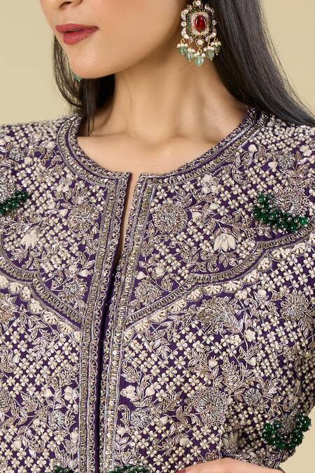 Shop Prisho Purple Embroidery, Beads, Sequins, Tassels Round Neck Jacket With Palazzo Online at Aza Fashions Shop_Prisho_Purple Embroidery, Beads, Sequins, Tassels Round Neck Jacket With Palazzo _Online_at_Aza_Fashions