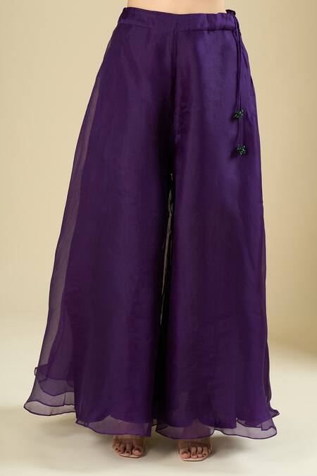 Prisho Purple Embroidery, Beads, Sequins, Tassels Round Neck Jacket With Palazzo at Aza Fashions Prisho_Purple Embroidery, Beads, Sequins, Tassels Round Neck Jacket With Palazzo _at_Aza_Fashions