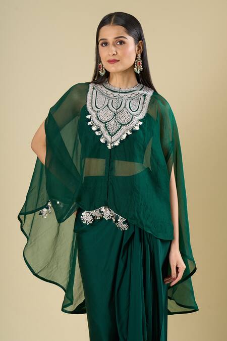 Shop Prisho Green Sequins, Beads, Tassels Round Neck, Embroidered Kaftan Skirt Set Online at Aza Fashions Shop_Prisho_Green Sequins, Beads, Tassels Round Neck, Embroidered Kaftan Skirt Set _Online_at_Aza_Fashions
