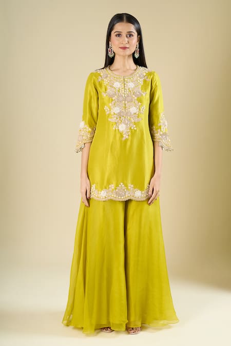 Prisho_Green Embroidery, Metallic Thread, Beads, Tassels, Sequins Lime Short Kurta Set _Online_at_Aza_Fashions