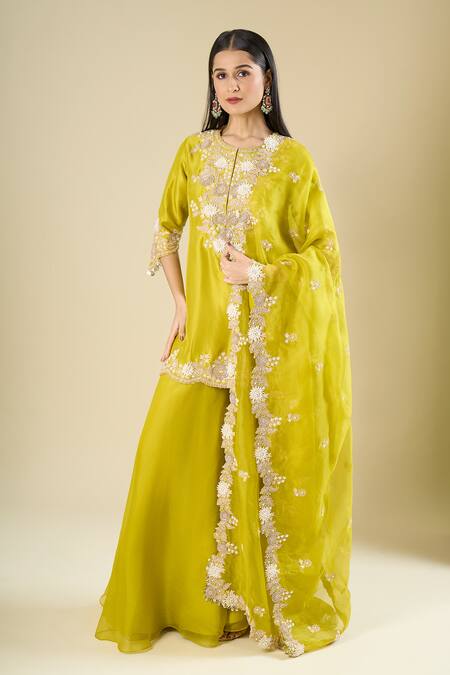 Buy_Prisho_Green Embroidery, Metallic Thread, Beads, Tassels, Sequins Lime Short Kurta Set _Online_at_Aza_Fashions