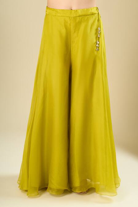 Shop_Prisho_Green Embroidery, Metallic Thread, Beads, Tassels, Sequins Lime Short Kurta Set _Online_at_Aza_Fashions