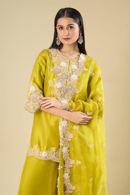 Prisho_Green Embroidery, Metallic Thread, Beads, Tassels, Sequins Lime Short Kurta Set _at_Aza_Fashions