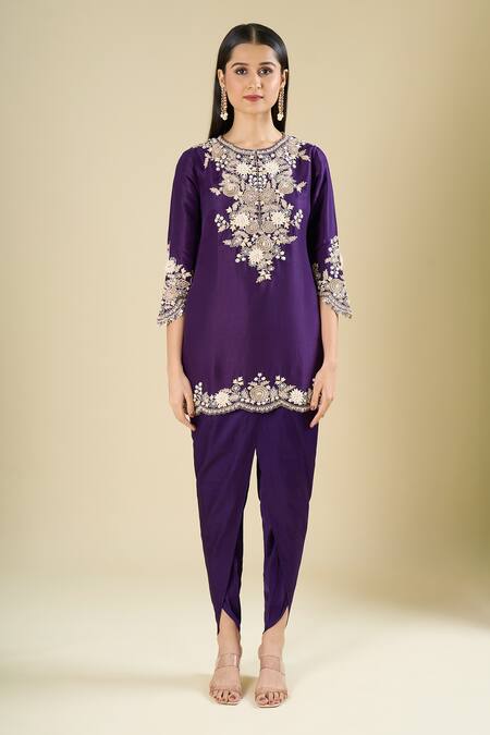 Prisho_Purple Organza Embroidery, Metallic Thread, Sequins Round Dark Short Kurta Set _Online_at_Aza_Fashions