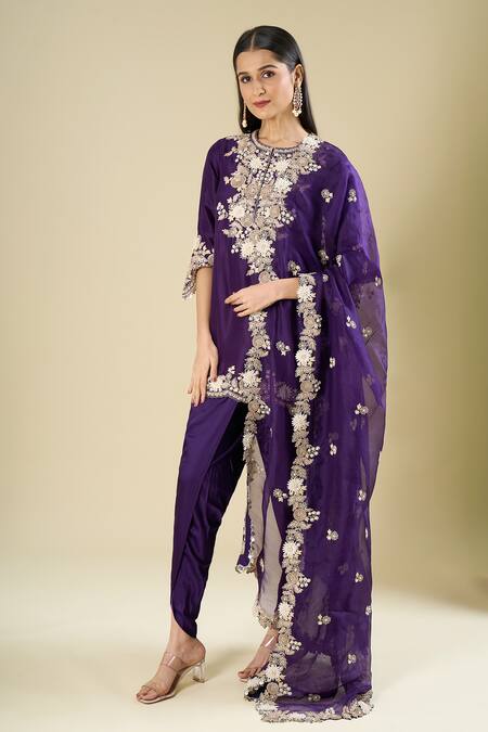 Buy_Prisho_Purple Organza Embroidery, Metallic Thread, Sequins Round Dark Short Kurta Set _Online_at_Aza_Fashions
