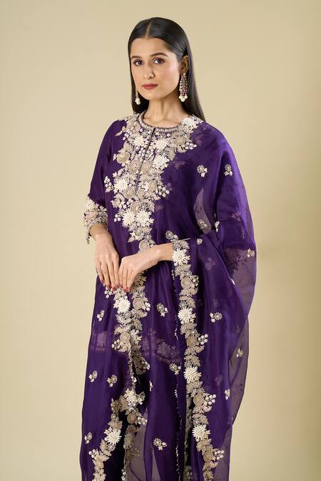 Shop_Prisho_Purple Organza Embroidery, Metallic Thread, Sequins Round Dark Short Kurta Set _Online_at_Aza_Fashions