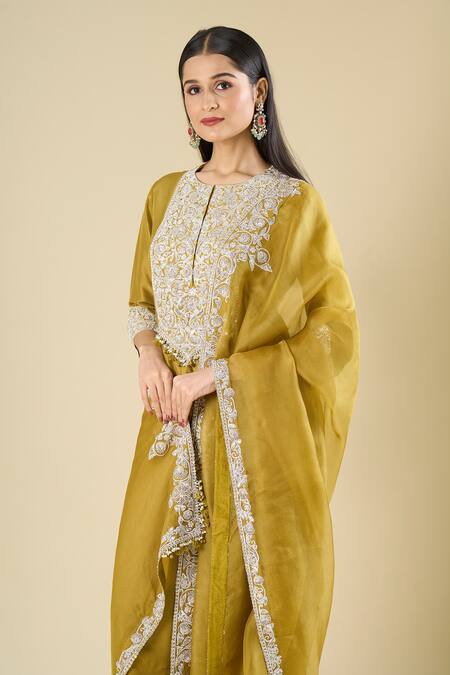 Shop_Prisho_Olive Green Embroidery, Sequins, Tassels, Pearls Round Neck Kurta Set _Online_at_Aza_Fashions