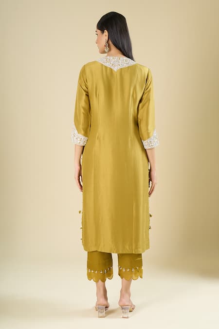 Shop_Prisho_Olive Green Embroidery, Sequins, Tassels, Pearls Round Neck Kurta Set _at_Aza_Fashions