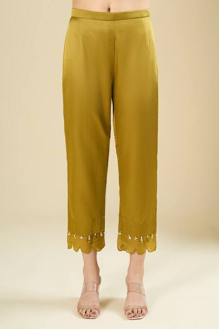 Prisho_Olive Green Embroidery, Sequins, Tassels, Pearls Round Neck Kurta Set _at_Aza_Fashions