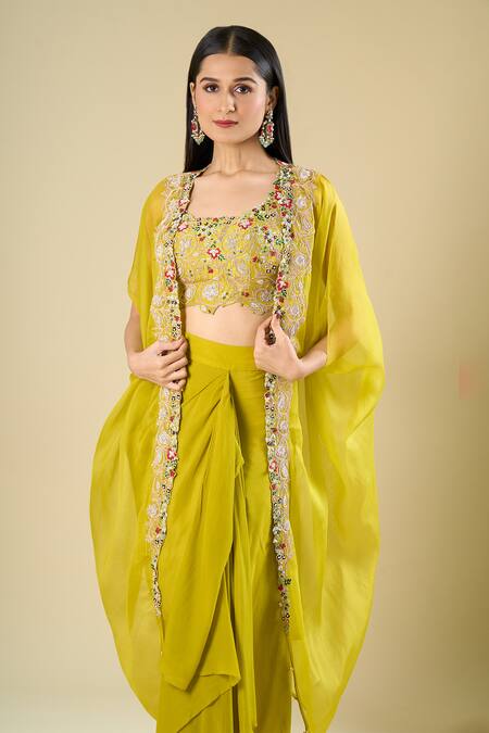 Shop_Prisho_Lime Embroidery, Zari Open , Square Green Cape And Draped Skirt Set _Online_at_Aza_Fashions