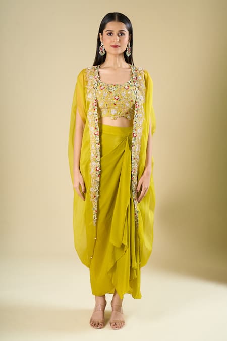 Prisho_Lime Embroidery, Zari Open , Square Green Cape And Draped Skirt Set _at_Aza_Fashions