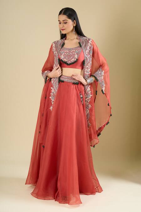 Prisho_Orange Beads, Embroidery, Tassels Open , Scoop Cape Skirt Set _Online_at_Aza_Fashions