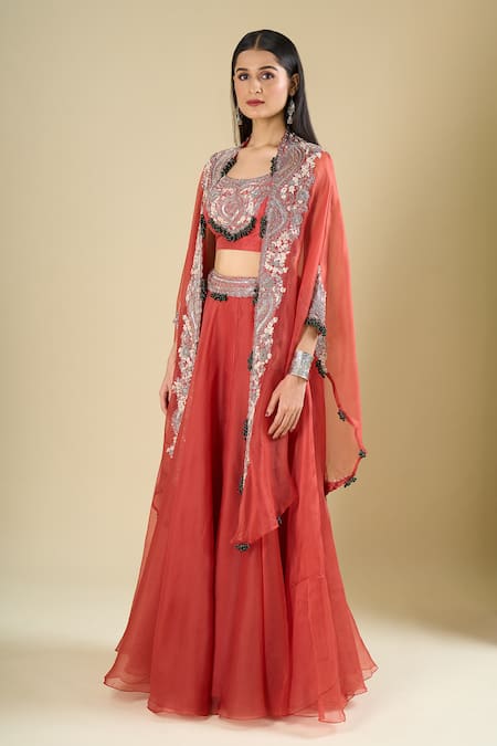 Shop_Prisho_Orange Beads, Embroidery, Tassels Open , Scoop Cape Skirt Set _Online_at_Aza_Fashions