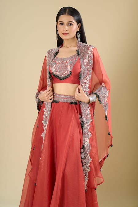 Prisho_Orange Beads, Embroidery, Tassels Open , Scoop Cape Skirt Set _at_Aza_Fashions