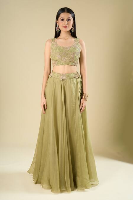 Prisho_Green Sequins, Beads, Embroidery, Tassels Open , Round Cape Skirt Set _Online_at_Aza_Fashions