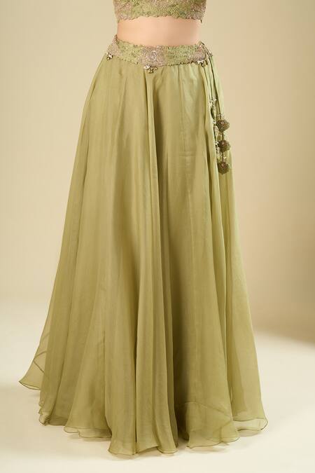 Buy_Prisho_Green Sequins, Beads, Embroidery, Tassels Open , Round Cape Skirt Set _Online_at_Aza_Fashions