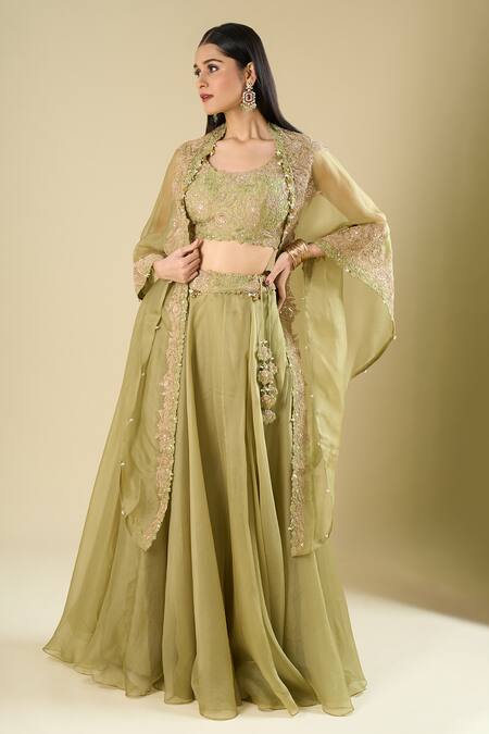 Shop_Prisho_Green Sequins, Beads, Embroidery, Tassels Open , Round Cape Skirt Set _Online_at_Aza_Fashions