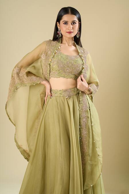 Prisho_Green Sequins, Beads, Embroidery, Tassels Open , Round Cape Skirt Set _at_Aza_Fashions